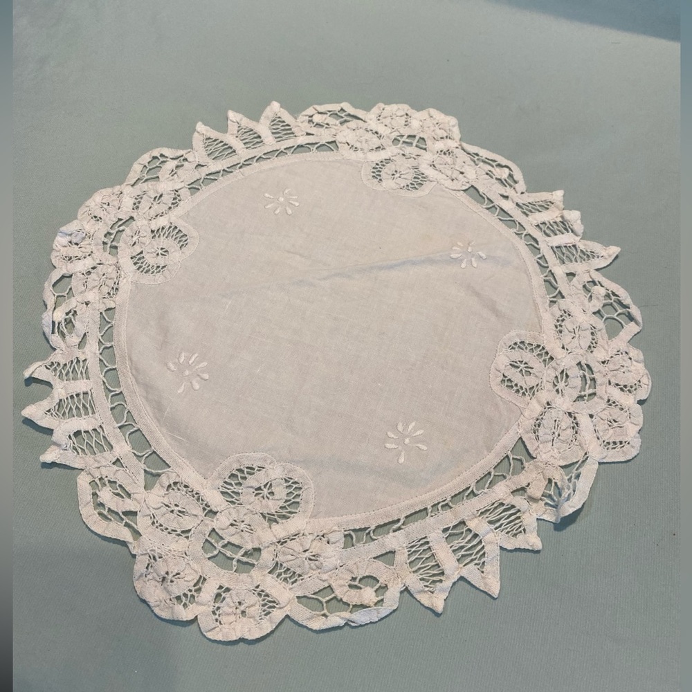 Battenburg Lace Round Doily with embroidery 12.5”